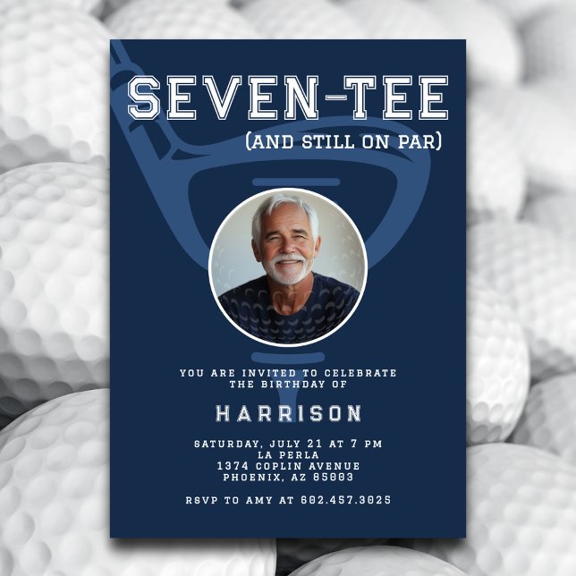 70th Birthday Party Photo Modern Golf Navy Blue Invitation (Creator Uploaded)