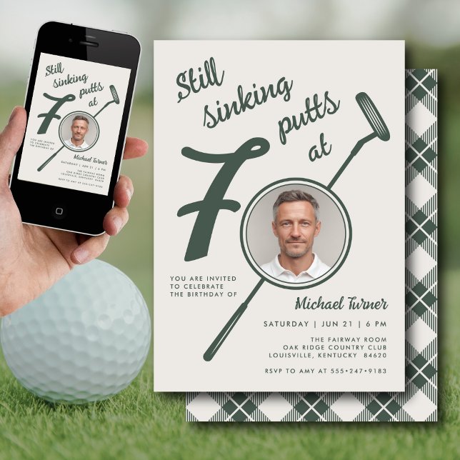 70th Birthday Party Photo Modern Golf Putter Green Invitation (Creator Uploaded)
