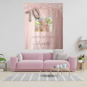 70th birthday party photo rose gold glitter pink tapestry