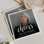 70th Birthday Party Photo White Script Cheers Napkins<br><div class="desc">This custom 70th birthday napkin features the guest of honor's personalized photo,  name,  and birthday,  along with the word "Cheers" in elegant white calligraphy script. A dark screen helps make the text pop. A great way to celebrate someone who's turning seventy!</div>