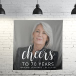 70th Birthday Party Photo White Script Cheers Tapestry<br><div class="desc">This custom 70th birthday tapestry features the guest of honor's personalized photo,  name,  and birthday,  along with the word "Cheers" in elegant white calligraphy script. A dark screen helps make the text pop. A great way to celebrate someone who's turning seventy!</div>