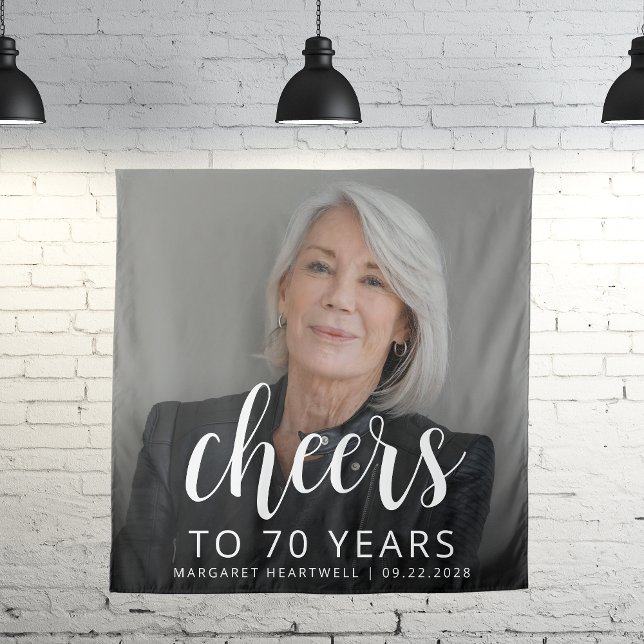 70th Birthday Party Photo White Script Cheers Tapestry (Creator Uploaded)