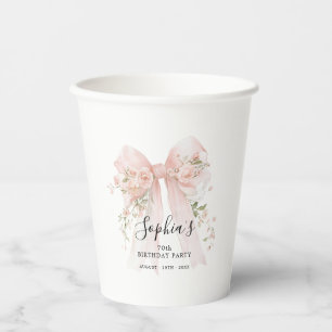 70th Birthday Party Pink Bow with Roses Custom Paper Cups