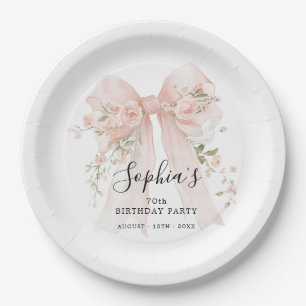 70th Birthday Party Pink Bow with Roses Custom Paper Plates
