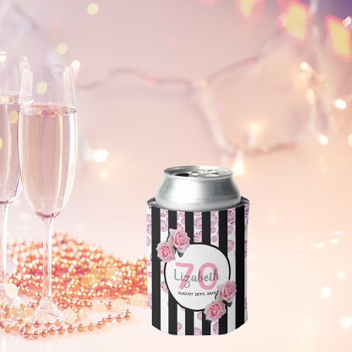 70th birthday party pink florals stripes glam can cooler