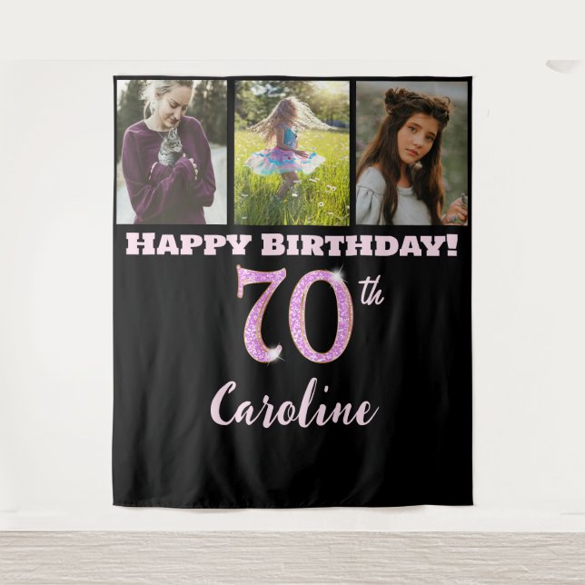 70th Birthday Party, Pink Glitter & 3 photos Tapestry (Front)