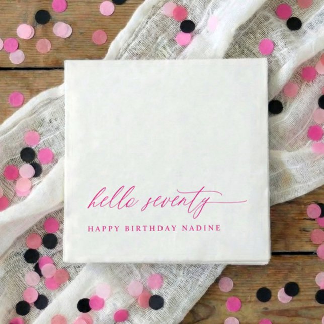 70th Birthday Party Pink Hello 70 Modern Elegant Napkins (Pink hello 70 modern script 70th birthday party napkins)