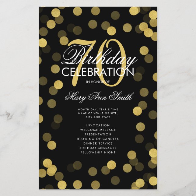 70th Birthday Party Program Gold Confetti w/ Menu (Front)