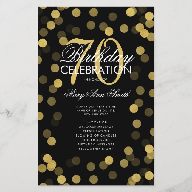 70th Birthday Party Program Gold Confetti w/ Menu Flyer (Front)