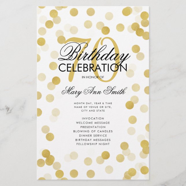 70th Birthday Party Program Gold Confetti w/ Menu Flyer (Front)
