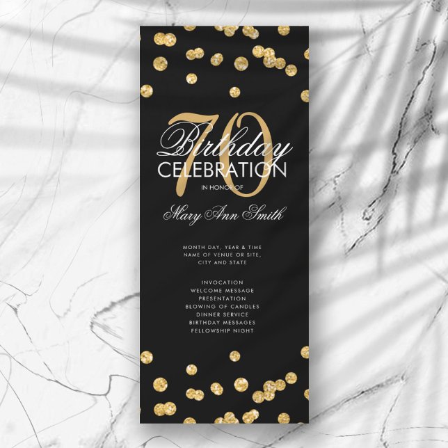 70th Birthday Party Program Gold Glitter w/ Menu (Creator Uploaded)