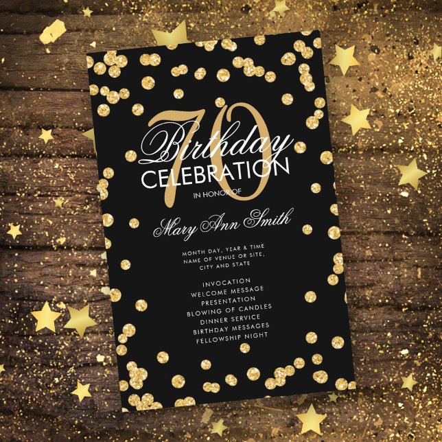 70th Birthday Party Program Gold Glitter w/ Menu (Creator Uploaded)