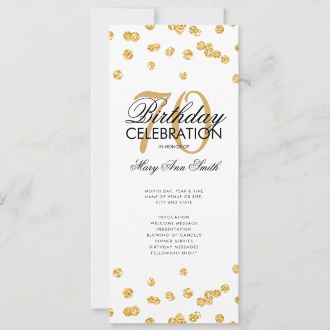 70th Birthday Party Program Gold Glitter w/ Menu (Front)