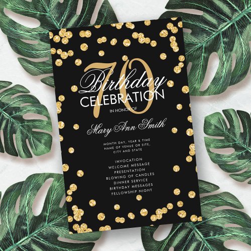 70th Birthday Party Program Gold Glitter w Menu Flyer