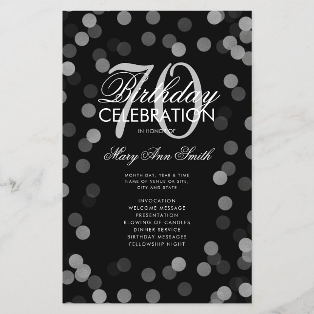 70th Birthday Party Program Silver Confetti Menu (Front)