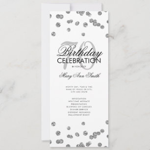 70th Birthday Party Program Silver Glitter w/ Menu