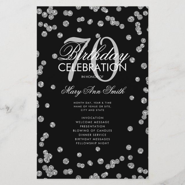 70th Birthday Party Program Silver Glitter w/ Menu Flyer (Front)