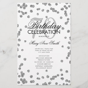 70th Birthday Party Program Silver Glitter w/ Menu Flyer