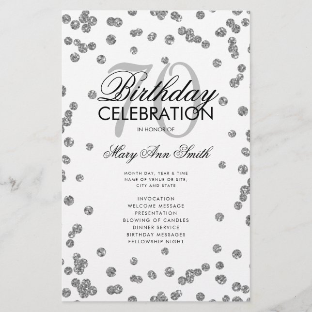 70th Birthday Party Program Silver Glitter w/ Menu Flyer (Front)