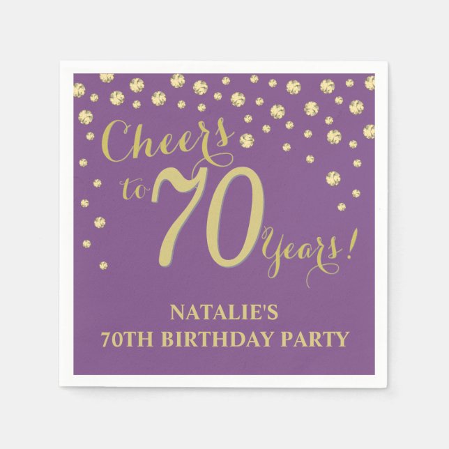 70th Birthday Party Purple and Gold Diamond Napkins (Front)