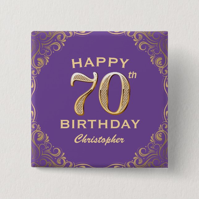 70th Birthday Party Purple and Gold Glitter Frame Button (Front)