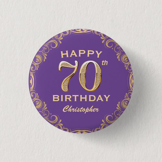 70th Birthday Party Purple and Gold Glitter Frame Button (Front)