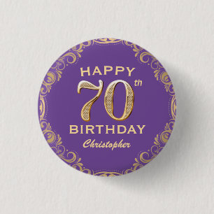 70th Birthday Party Purple and Gold Glitter Frame Button