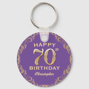 70th Birthday Party Purple and Gold Glitter Frame Keychain