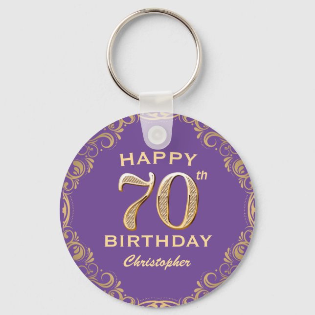 70th Birthday Party Purple and Gold Glitter Frame Keychain (Front)