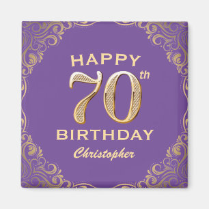 70th Birthday Party Purple and Gold Glitter Frame Magnet