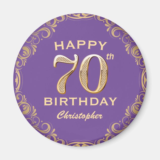 70th Birthday Party Purple and Gold Glitter Frame Magnet (Front)