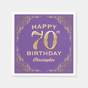 70th Birthday Party Purple and Gold Glitter Frame Napkins