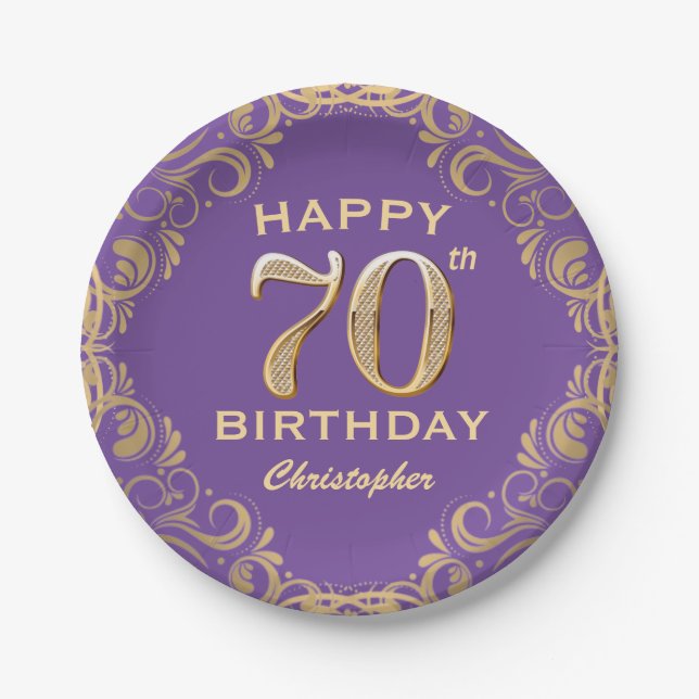 70th Birthday Party Purple and Gold Glitter Frame Paper Plates (Front)