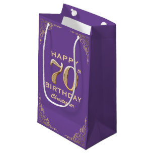 70th Birthday Party Purple and Gold Glitter Frame Small Gift Bag