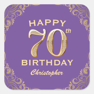 70th Birthday Party Purple and Gold Glitter Frame Square Sticker