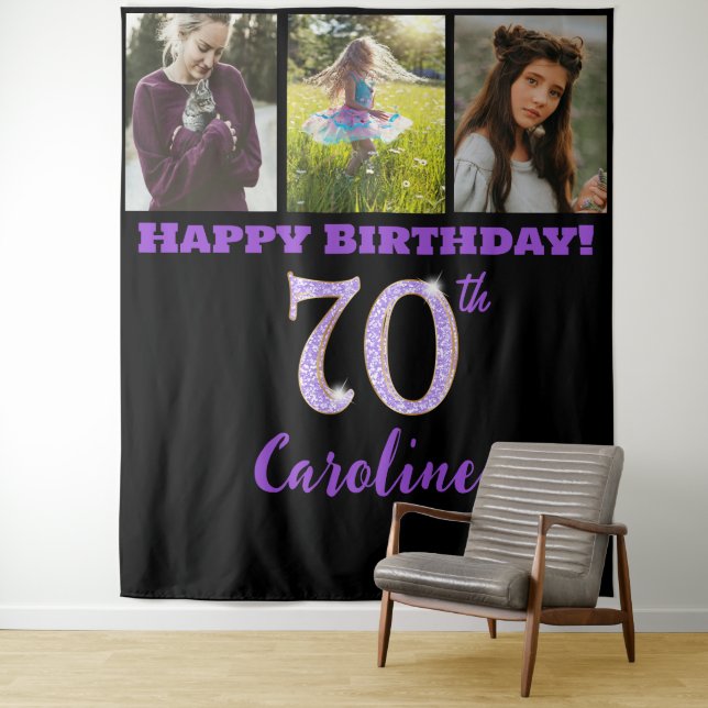 70th Birthday Party, Purple Glitter & 3 photos Tapestry (In Situ)