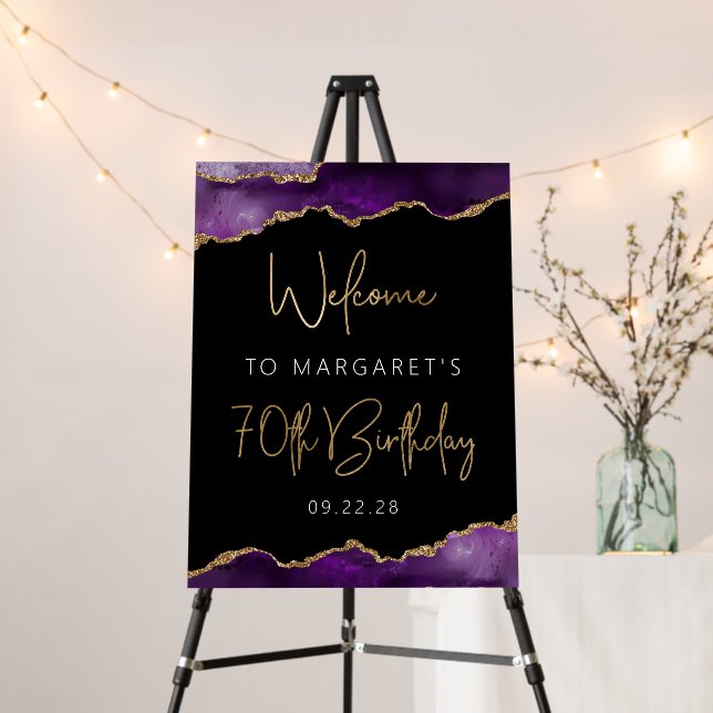 70th Birthday Party Purple Gold Agate Welcome Foam Board (In Situ (Stand))