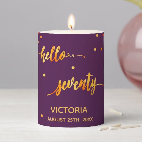 70th birthday party purple gold hello 70 seventy pillar candle