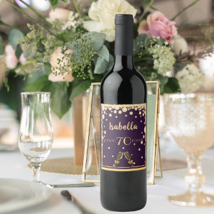 70th birthday party purple gold sprinkle name wine label
