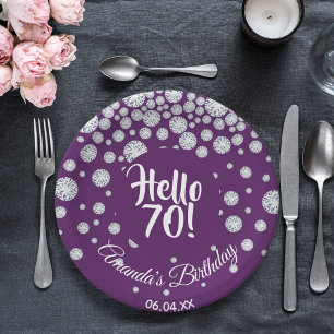 70th birthday party purple hello 70 diamonds name paper plates