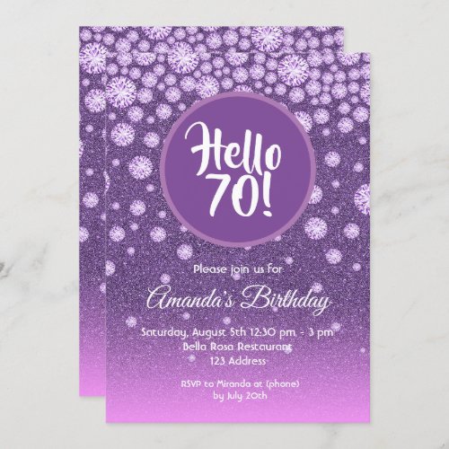 70th birthday party purple pink diamonds glitter invitation