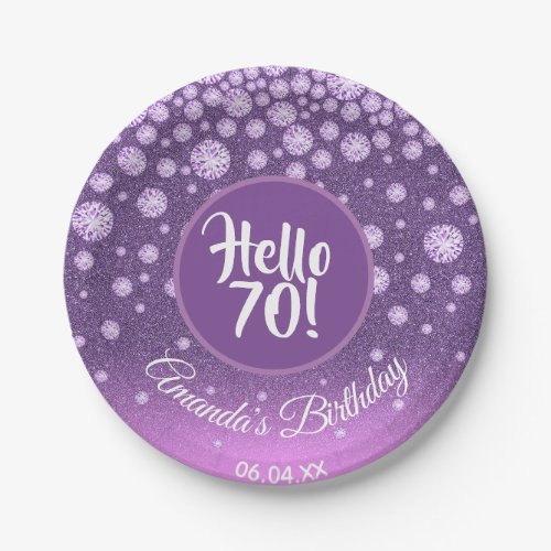 70th birthday party purple pink glitter name paper plates