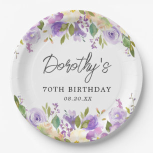 70th Birthday Party Purple Rose Floral Custom Paper Plates