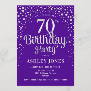 70th Birthday Party - Purple & Silver Invitation