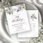 70th Birthday Party Purple Spring Lilac Flower Invitation Postcard<br><div class="desc">Soft watercolor purple lilacs create a pretty springtime 70th birthday invitation. The calligraphy adds an elegant aesthetic. It is part of the Purple Spring Lilac Flower collection. It lets you choose a theme and then easily create a unique invitation suite, welcome signs and party decorations. Party planning becomes fun and...</div>