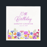 70th Birthday Party Purple Wildflower Custom Napkins<br><div class="desc">A pretty watercolor wildflower border decorates the bottom of this 70th birthday party custom cocktail napkin. The colorful wildflowers are perfect for a spring or summer birthday party. The birthday celebrant's name and birthday follow. All text is editable.</div>