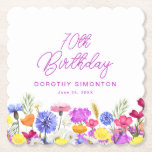 70th Birthday Party Purple Wildflower Custom Paper Coaster<br><div class="desc">A pretty watercolor wildflower border decorates the bottom of this 70th birthday party custom coaster. The colorful wildflowers are perfect for a spring or summer birthday party. The birthday celebrant's name and birthday follow. All text is editable.</div>