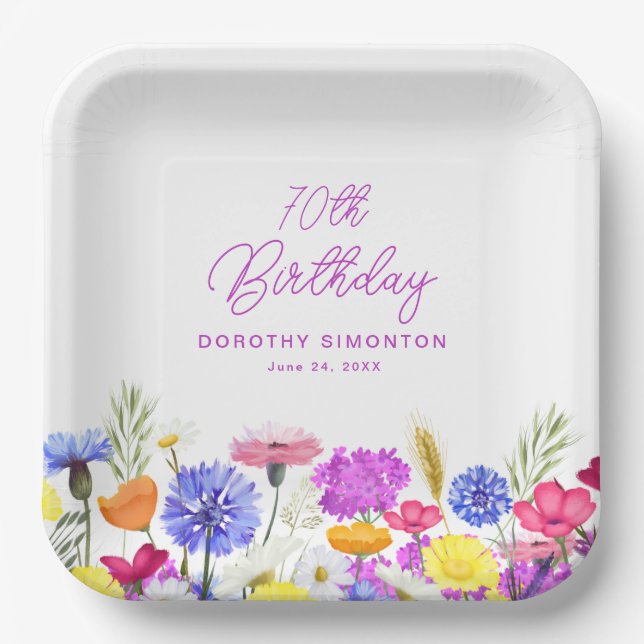 70th Birthday Party Purple Wildflower Custom Paper Plates (Front)