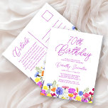 70th Birthday Party Purple Wildflowers Affordable Invitation Postcard<br><div class="desc">A pretty wildflower border decorates the bottom of this adult 70th birthday affordable invitation postcard. Purple, blue, yellow and orange flowers create a colorful and happy design to celebrate this milestone birthday. Modern and simple purple calligraphy adds a trendy touch to keep it fresh. The open and carefree lettering flow...</div>