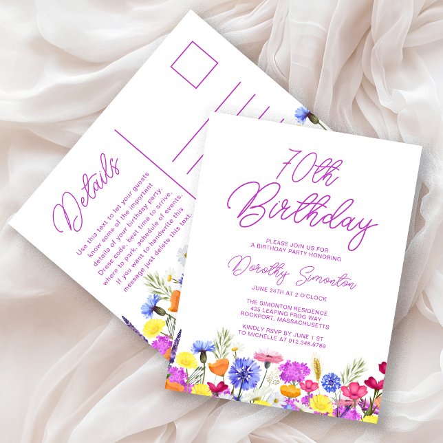 70th Birthday Party Purple Wildflowers Affordable Invitation Postcard (Creator Uploaded)